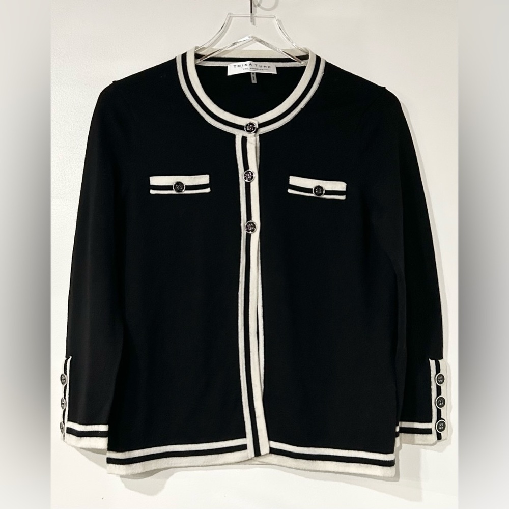 Trina Turk Merino Wool Contrast Trim Cardigan Black‎ White M
